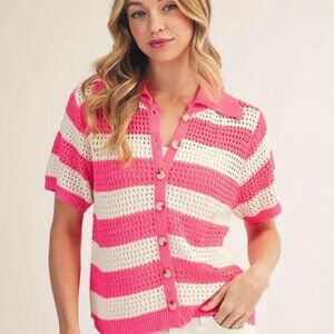 Jodifl pink striped crochet short sleeve cardigan